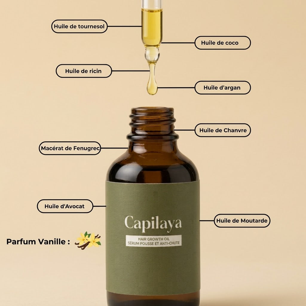 Flat lay des 8 huiles végétales de la formule Capilaya